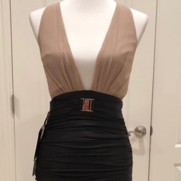 💋 Bebe deep v ruched black tan dress L NEW RARE 💋